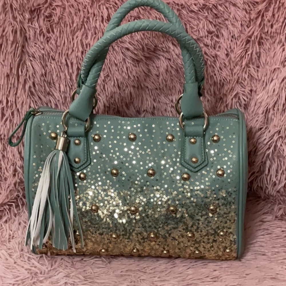 Light Aqua Green Tassel Satchel Handbag with Gold Stud & Glitter Accent